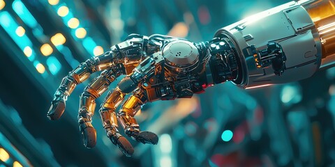 Aufkleber - A detailed view of a robotic arm performing a task, with neon-lit joints, sleek metallic design, and cyberpunk aesthetics.