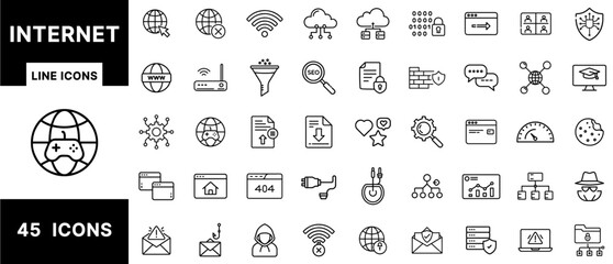 Aufkleber - Internet Line Icons Set Featuring Web Access, SEO, Cybersecurity, Data Transfer, Browsing, Cloud Computing, Online Gaming, Networking, and Digital Communication