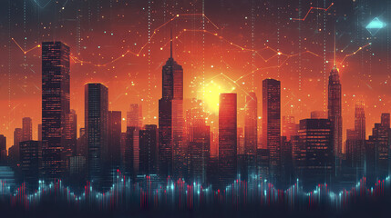 Aufkleber - vibrant cityscape illustration showcasing business success with sunset backdrop