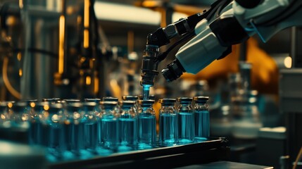 Poster - Robotic arm filling blue liquid into vials in pharmaceutical factory. Use it for medical automation, science, and technology concepts.