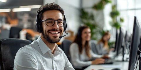 Aufkleber - An efficient support team setup in a modern office with agents collaborating to deliver top-notch solutions to clients.