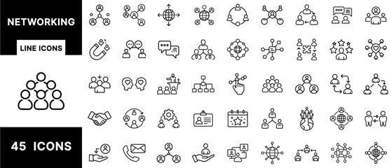 Poster - Networking Line Icons Set Featuring People Connections, Global Networks, Communication, Team Collaboration, Social Structures, Interaction, and Organizational Charts