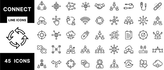 Poster - Connect Line Icons Set Featuring Network Links, Communication, Collaboration, Cloud Sync, USB Cables, Data Sharing, Social Nodes, and Connectivity Arrows