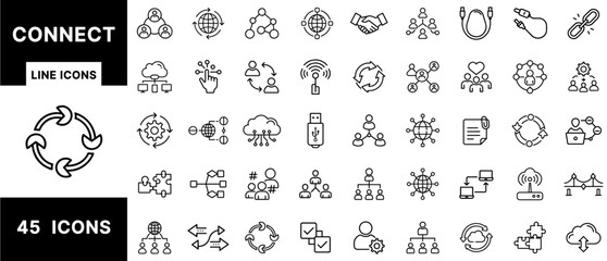 Poster - Connect Line Icons Set Featuring Network Links, Communication, Collaboration, Cloud Sync, USB Cables, Data Sharing, Social Nodes, and Connectivity Arrows