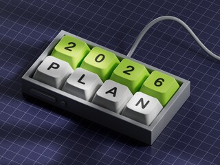 Poster - 2026 Plan word. Resolution, strategy, solution, goal, business and New Year holiday concepts. Computer keyboard keys. Copy space.3D rendering on blue background.

