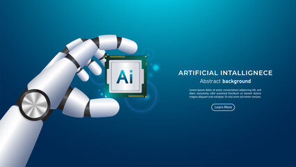 Fototapete - 3D A futuristic robotic hand holding an AI chipset. Future cybernetic artificial intelligence, innovation and Machine learning. Big data and deep learning technology concept. Vector illustration.