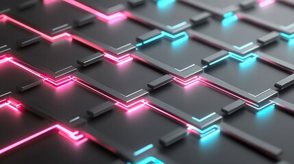Poster - A 3D prism circuit glowing alternating pink and teal light ribbons running through sharp silver nodes