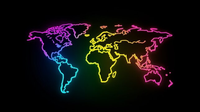 Vibrantly illuminated world map rendered in neon outlines against a stark black background