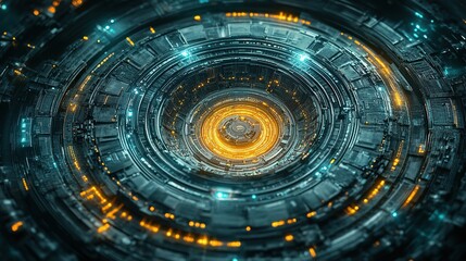 Poster - A circular circuit network glowing teal lines converging toward a central chrome hub