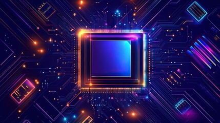 Poster - A dynamic gradient circuit design glowing in blues and purples with golden microprocessors radiating faint light