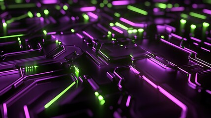 Poster - A futuristic specular circuit grid glowing electric purple with cascading lime green pathways etched onto smooth black polished metal