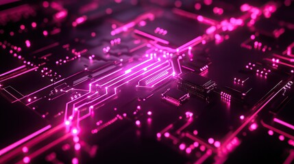 Poster - A glass-embedded microchip circuit glowing vibrant pink along its pathways