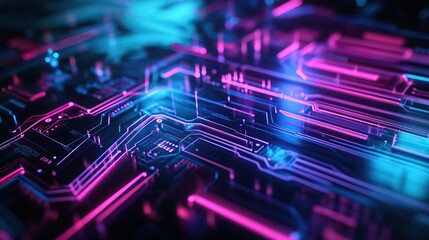 Poster - A glass circuit panel glowing bright cyan with fine magenta light trails