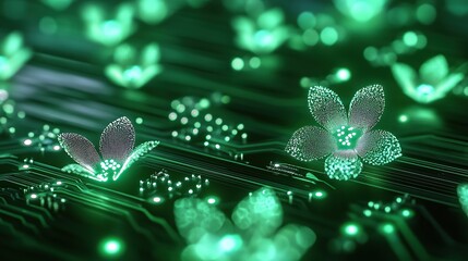 Poster - A glowing metallic floral pattern etched into a translucent circuit board