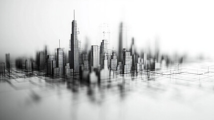 Poster - blurred city skyline with abstract skyscrapers and digital infrastructure elements