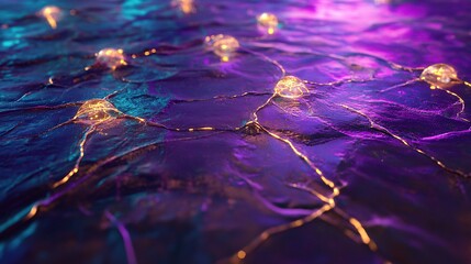 Poster - A glowing violet and teal neural circuit web with reflective golden nodal points