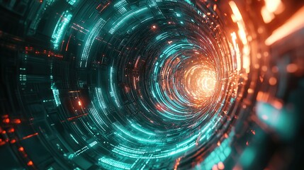 Poster - A glowing vortex of aqua-green and crimson circuit lines spiraling around a glowing silver core