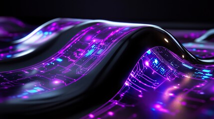 Poster - A holographic circuit design glowing electric purple and turquoise