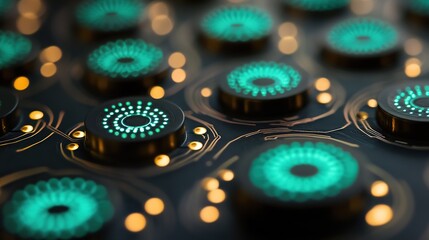 Poster - A macro zoom image of mint green circular patterns formed by precise connections on a black circuit board with golden traces