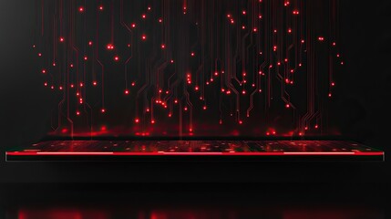 Poster - A minimalist perspective of a cascading circuit design featuring shimmering microchips glowing red