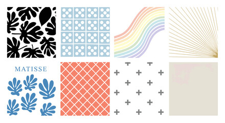 Fototapete - Collection of various patterns including leaves, rainbow, lines, plus signs, and diamond designs