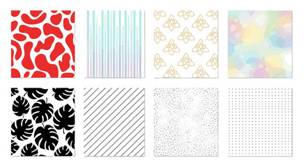 Poster - Collection of eight patterned cards featuring abstract shapes floral designs and colorful backgrounds displayed