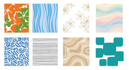 Poster - Collection of eight abstract patterned rectangles with varying color palettes and design styles