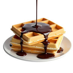 Poster - A stack of waffles on a white plate with chocolate syrup being poured on top   isolated on transparent background