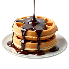 Poster - Stack of waffles on a white plate being drizzled with dark chocolate sauce   isolated on transparent background