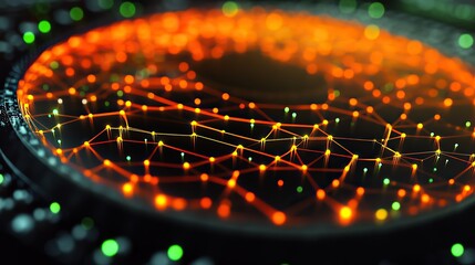 Poster - A shimmering reflective circuit grid glowing with fiery orange and lime green details