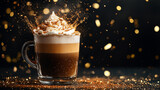 Photo of a hot, delicious caramel macchiato with cinnamon and vanilla cream, a dynamic splash in a glass mug, against a black background with gold confetti.