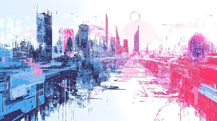 Poster - Futuristic cityscape painted in vibrant colours.