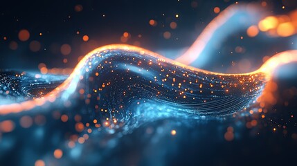 Poster - A swirling ribbon-like circuit glowing radiant cerulean blue with tiny golden nodes