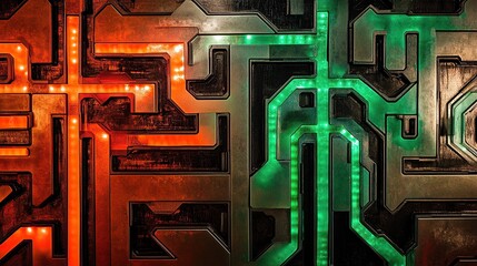 Poster - A sweeping maze-like geometric circuit board glowing alternating coral and green lights