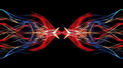 Poster - A symmetrical circuit pattern with vibrant neon red and indigo colors flowing through angular golden wires