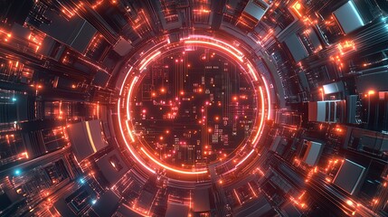 Poster - A top-down digital visualization of a circular circuit board surrounded by soft crimson and silver gradients