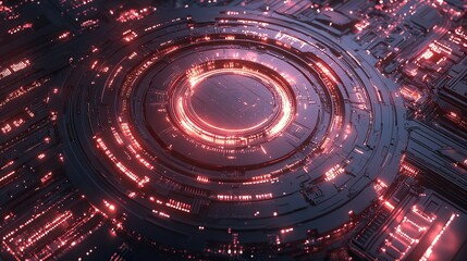Poster - A top-down digital visualization of a circular circuit board surrounded by soft crimson and silver gradients