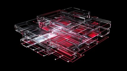 Poster - A transparent multilayer circuit structure glowing with silver and crimson lines