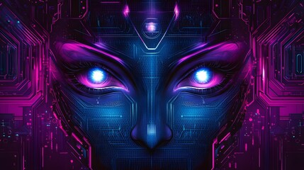 Poster - Close-up of a futuristic female face with glowing circuit details.