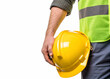 © Mr.PNG - Construction worker’s hand holding safety helmet strap isolated on a transparent background.