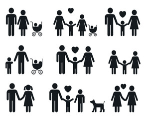 Poster - Collection of Black Family Icon Pictograms with Different Structures and Relationships Including Couples Children Babies and Pets on a White Background