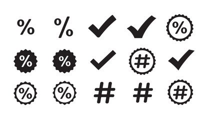 Aufkleber - Collection of simple black icons representing checkmarks hashtags and discount symbols