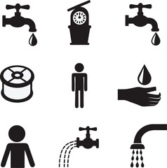 Aufkleber - Minimalist black and white icon set depicting water related elements and human figures in simple vector illustrations