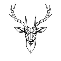 Poster - Geometric Deer Head: A striking monochrome line art illustration showcases a deer's head with large antlers, rendered in a geometric, angular style.