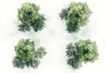 isolated green grass and watercolor trees on white background