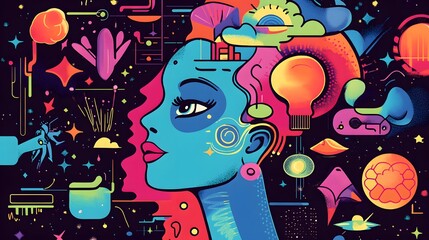 Poster - Colorful portrait of a stylized woman with abstract elements.