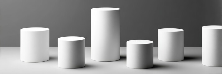 Poster - Product Display Cylinders on White Background - Clean minimalist product featuring five white cylindrical displays against a white backdrop. Symbolizing: simplicity, elegance, modern design