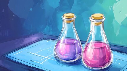 Poster - Two colorful flasks on a lab tray.