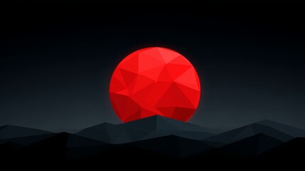 Poster - Sunrise Landscape: Red Polygon Sun - Low poly art depicting a vibrant red sun setting behind dark, geometric mountains. Symbolizing: power, mystery, serenity, transition, and the unknown