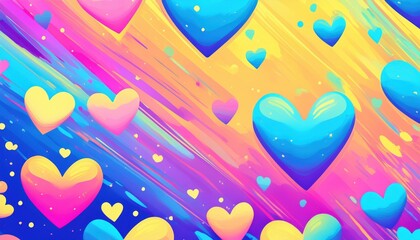 Poster - vibrant multicolored heart with dynamic brush stroke background in neon rainbow tones for digital art print, web banner, love themed branding, or creative valentine design

